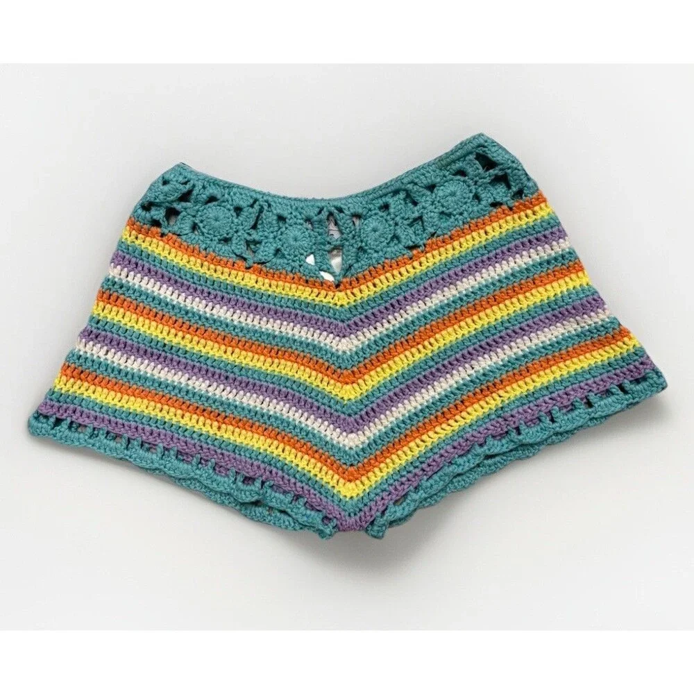 Coastal Boho Crochet Stripe Shorts Festival Beach Cover Up Small Beachy Colorful